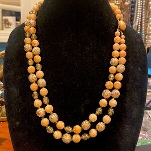 Hong Kong 2 Strand Longer Necklace Peach Swirls Gold Tone and AB.